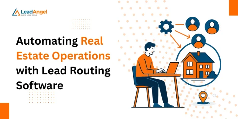 Illustration of a real estate agent using lead routing software to automate property assignments, with icons representing lead distribution and automation workflow