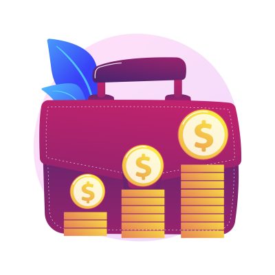 Financial benefit. Businessman cartoon character with big briefcase earning money, getting revenue. Profit, income, earnings. Capital gain process. Vector isolated concept metaphor illustration