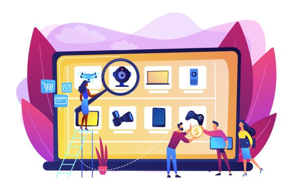 19199410 Used and refurbished electronics Internet store website. Online flea market, flea marketing, online flea market operations, get rich online concept. Bright vibrant violet vector isolated illustration